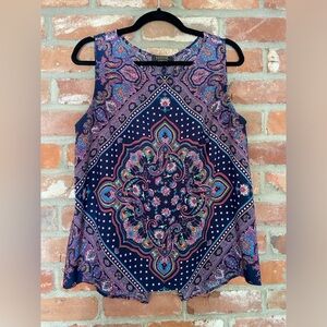 Renee C XL Linscott Split Back Sleeveless Blouse Shirt Tank Patterned